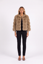 Dark Camel cropped faux fur jacket with three-quarter sleeves — front